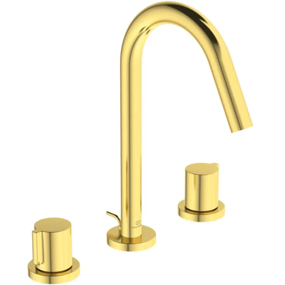Waschtischarmatur in gebürstetem Gold mit zwei Steuerknöpfen. Ideal Standard Design, geeignet für den Einsatz in modernen Badezimmern.